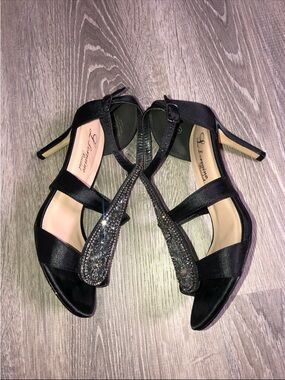 L Lorraine  Black Satin T-Strap Crystal Evening Heels